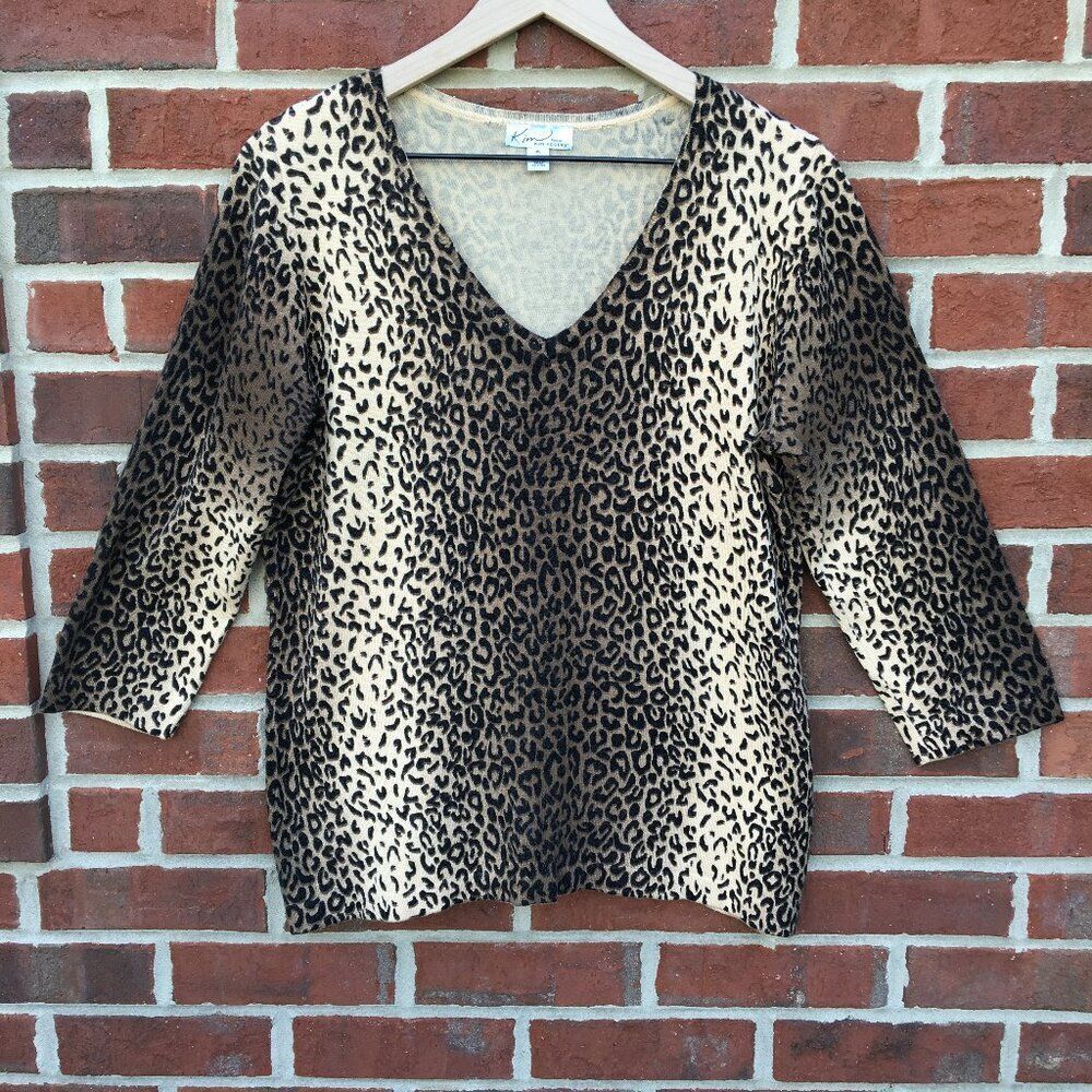 Kim Rogers Petite Knit Top Large Vneck Leopard Animal Print Mobwife Classic